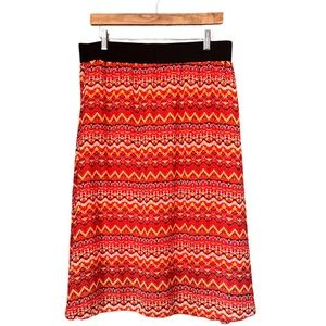 LuLaRoe Flowy Lola Skirt- Vibrant Orange, Red, Yellow Tribal Design Size XL